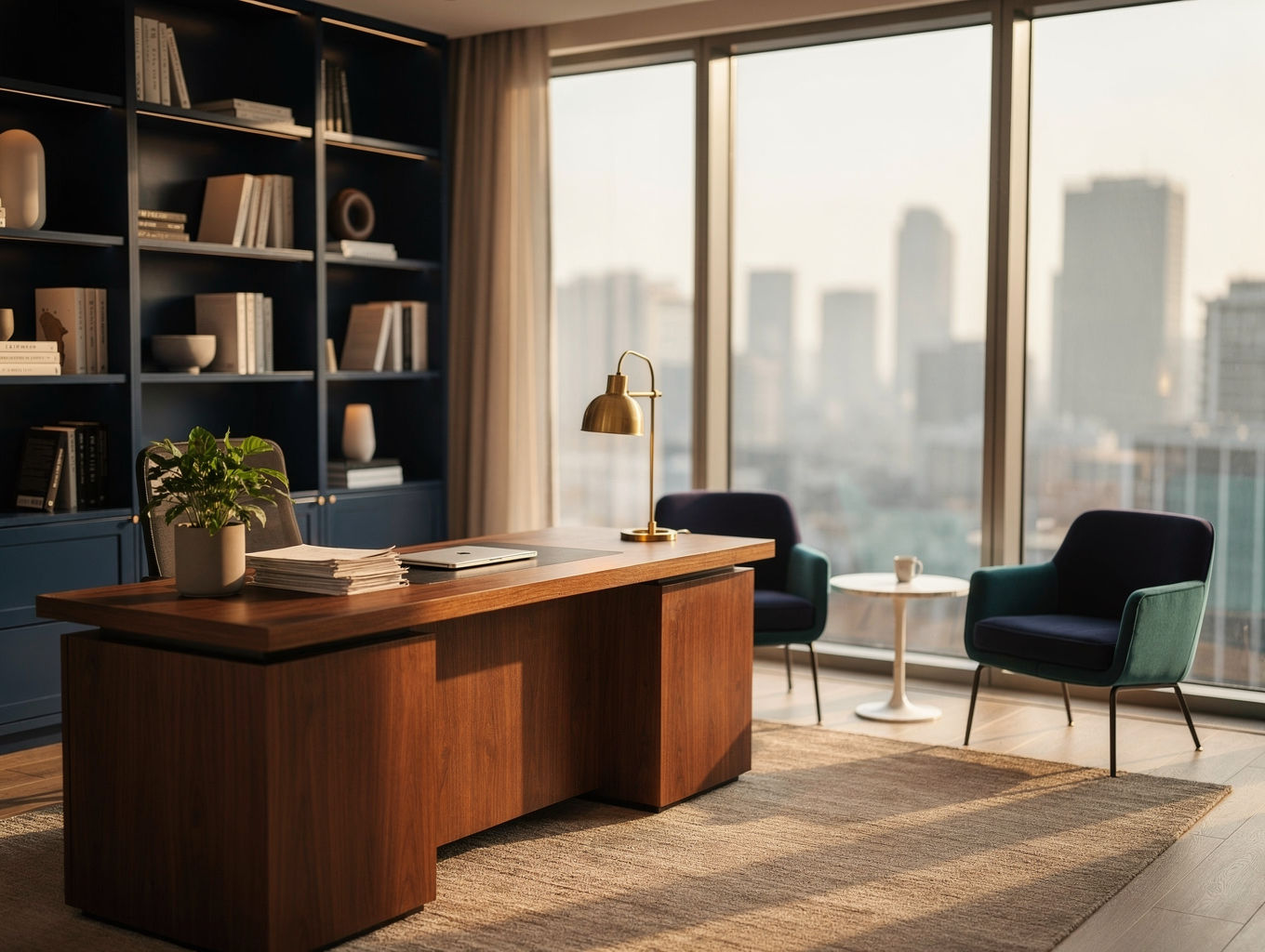 Warm, minimalist accounting office interior with natural light